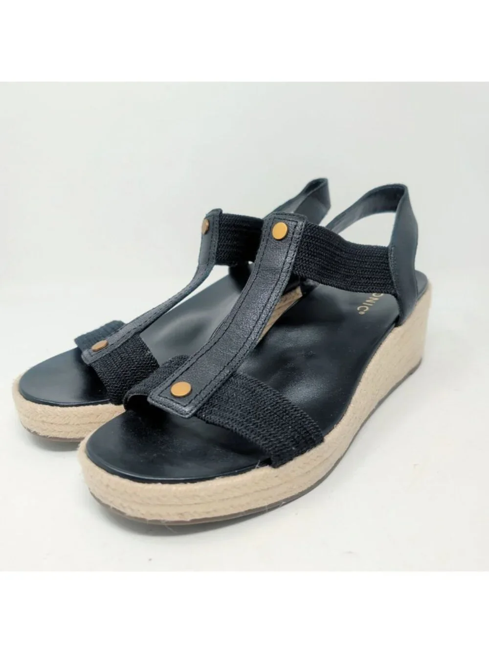 Vionic Espadrilles 12 Black Leather Wedge Platform Calera
